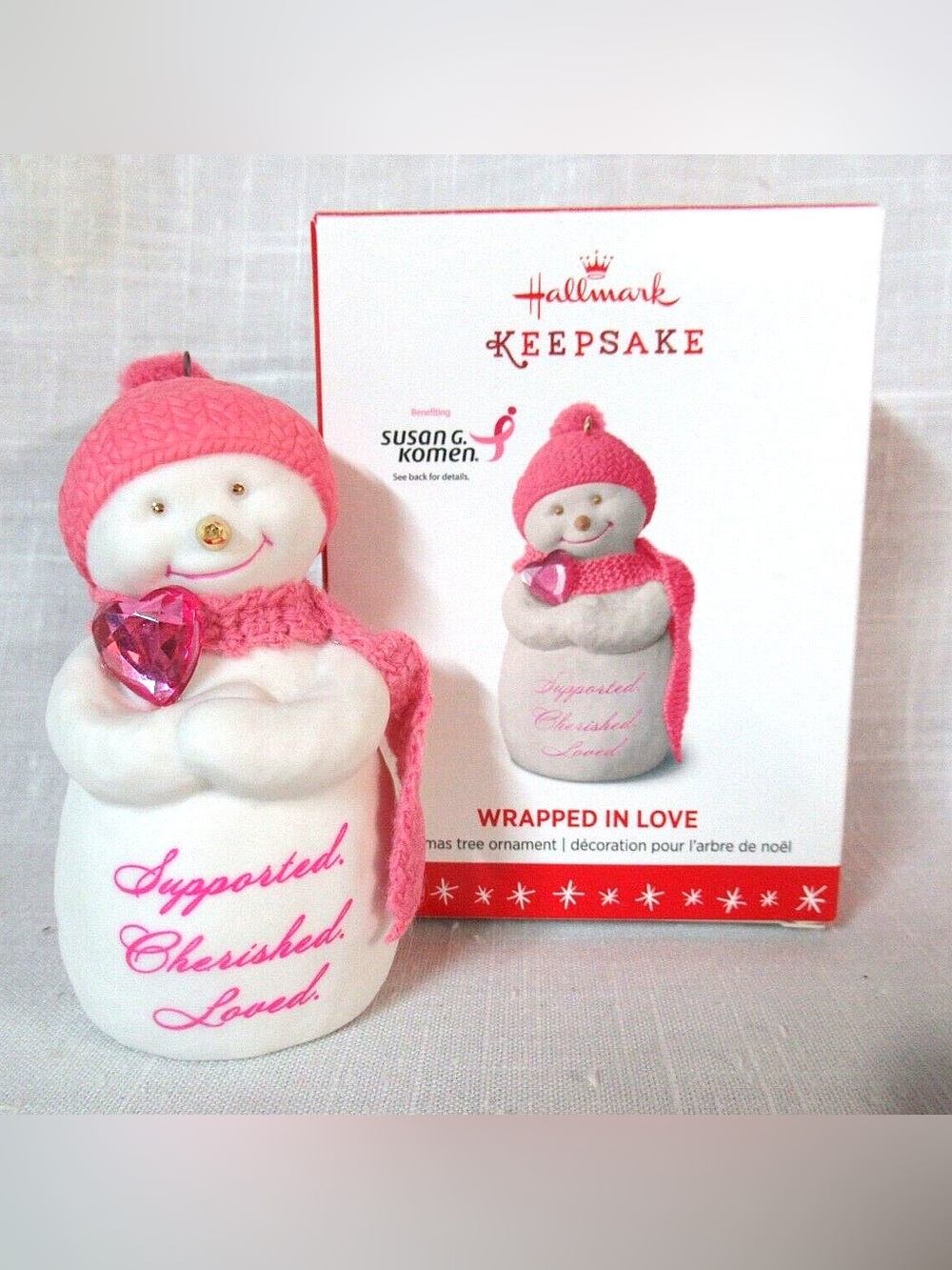 Keepsake Ornament “Wrapped in love” Breast Cancer Awareness Pink Snowman